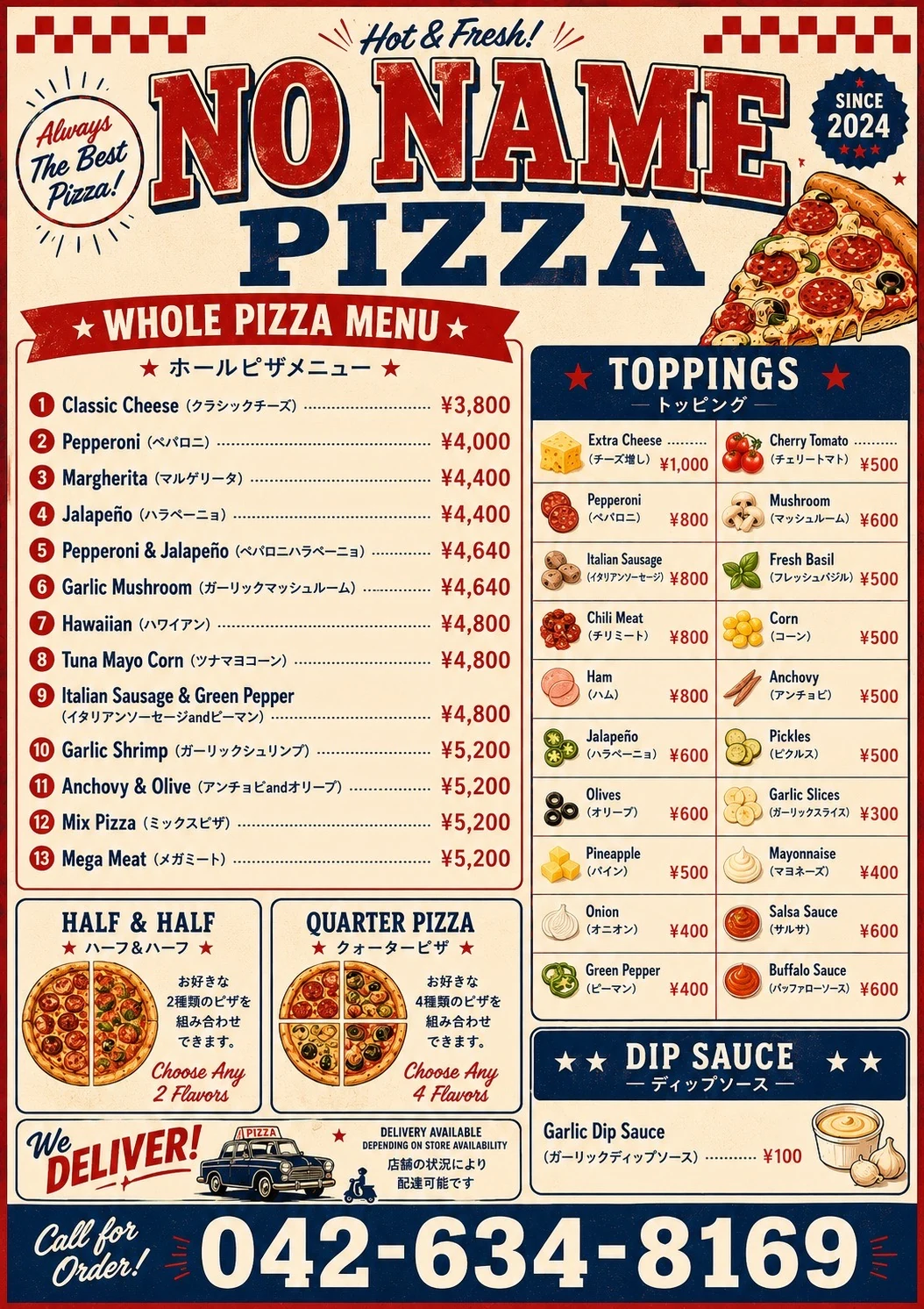 #NO NAME PIZZAのヴィンテージメニュー表
